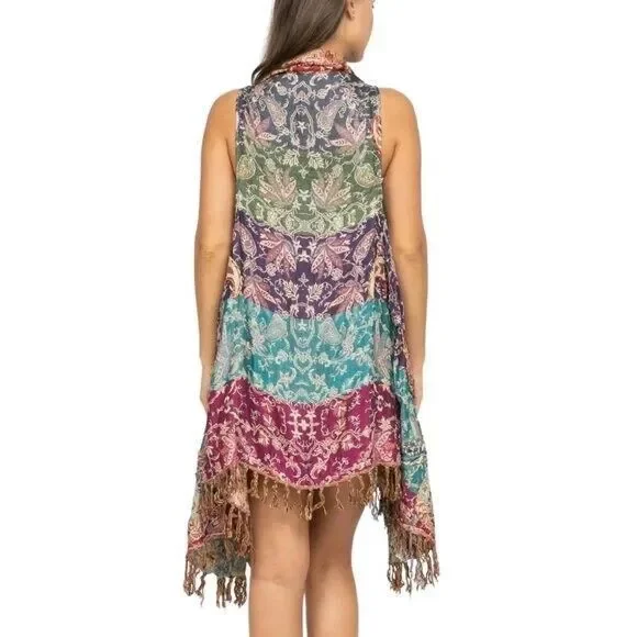 Embroidered Long Boho Vest Raj Imports Red Gold Blue Sahira Vest Tassels Wrap - Picture 2 of 3